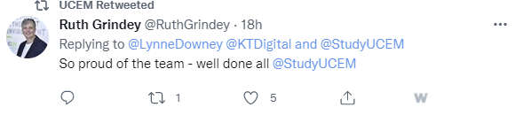 Twitter post: 
@RuthGrindey Replying to 
@LynneDowney @KTDigital
 and 
@StudyUCEM
So proud of the team - well done all 
@StudyUCEM