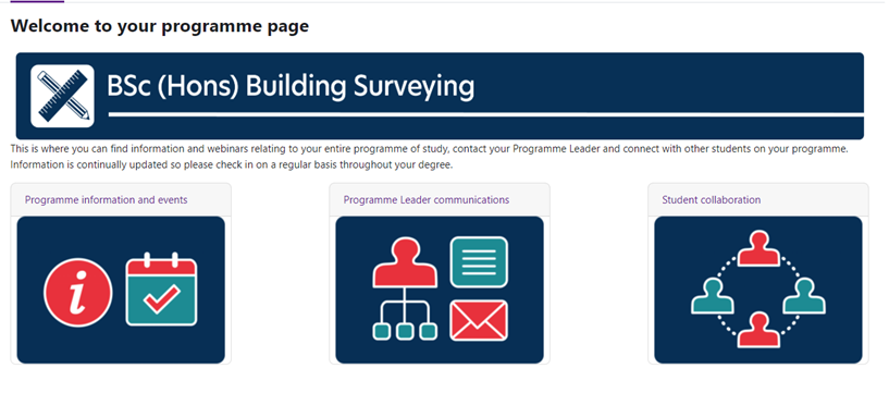 A screenshot of BSc (Hons) Building Surveying showing three main areas: Programme information and events, Programme Leader communications, Student collaboration.
